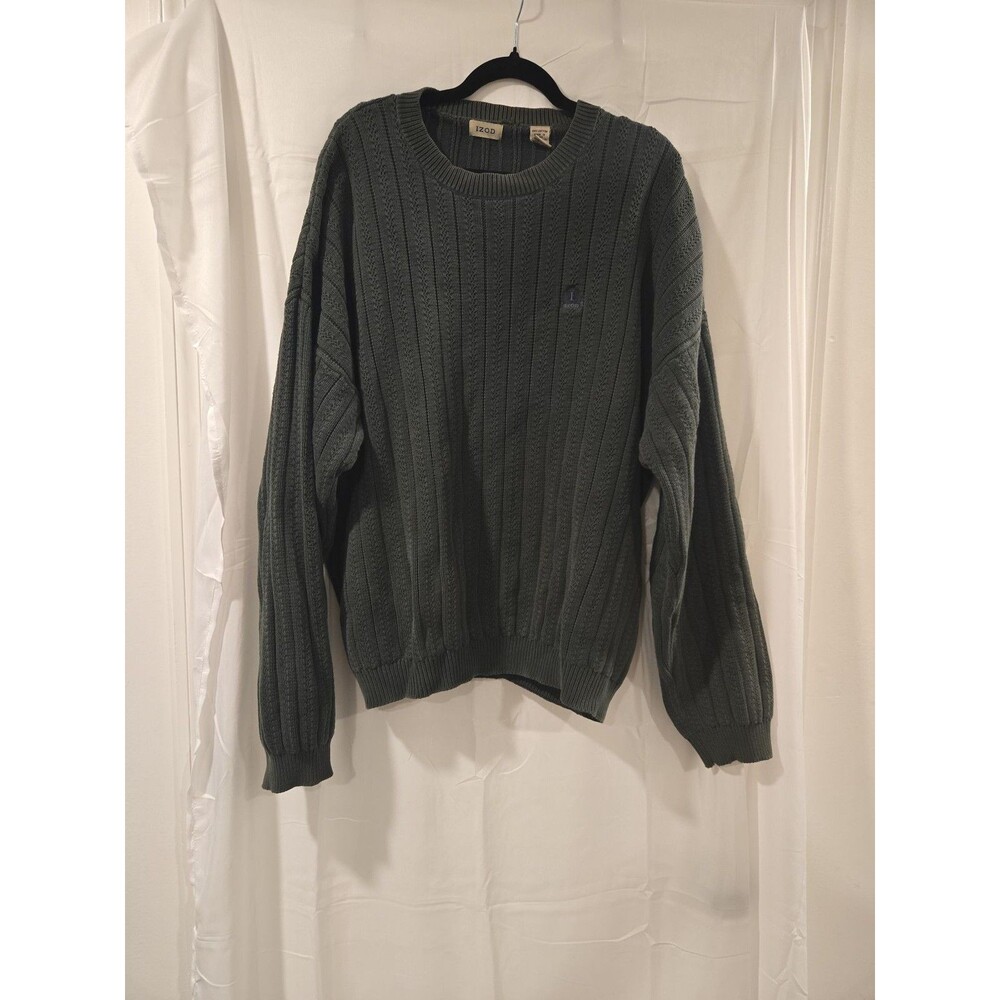Vintage IZOD Dark Olive Green Ribbed Cable Knit Cotton Sweater XXL
